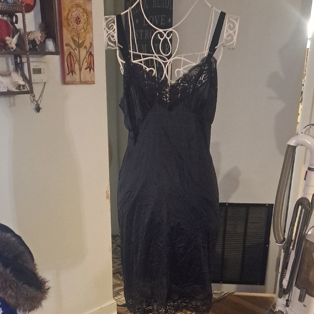 Vintage Black Satin & Lace Slip Dress, Sz M